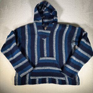 Baja Joe Hoodie XXL Blue Stripe Knit Mexican Poncho Style Kangaroo Pocket VTG